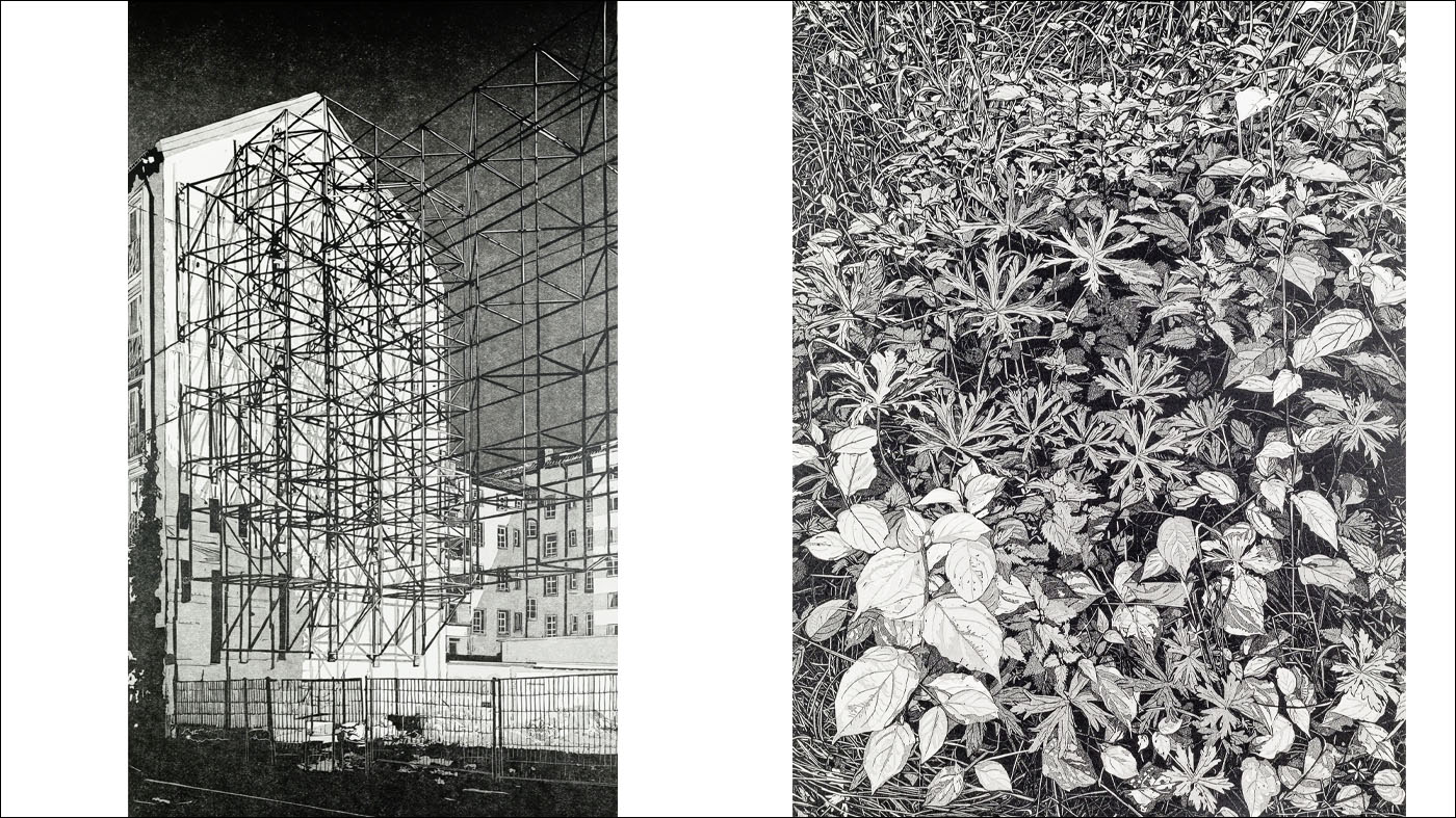 Links – Stützgerüst, 2023, Linolschnitt, 70 x 42 cm |  Rechts – Weide, 2020, Linolschnitt, 55 x 41,1 cm
