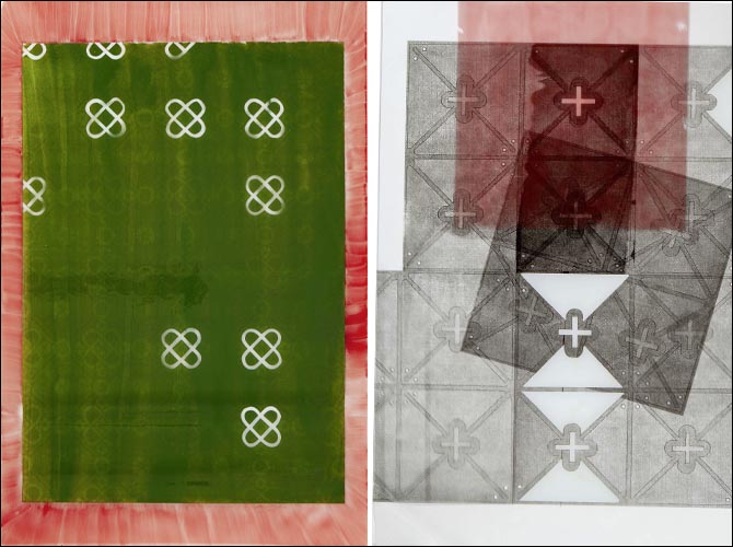 Thora Gerstner, Flying Carpets, Sandstrahlung, Siebdruck, Glasmalerei auf Floatglas, je 80 x 120 cm, 2022 | © Nadine Bracht