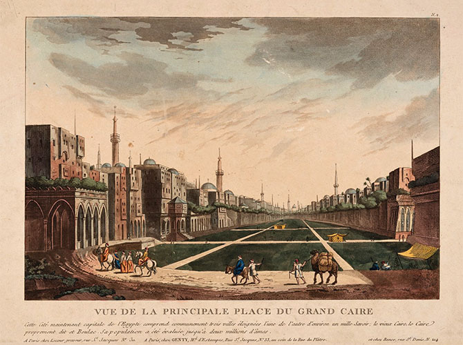 Louis Le Coeur (nach Luigi Mayer), Vue de la Place Principale de Grand Caire (Guckkastenbild), um 1812-14, handkolorierte Radierung und Aquatinta | © Janine Kyofsky