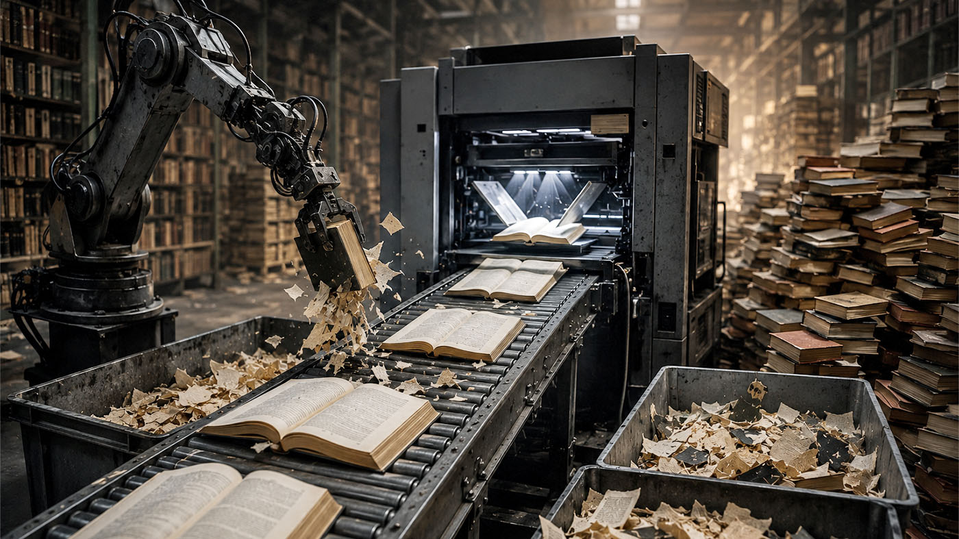 KI-Unternehmen kaufen und vernichten weltweit alte Bücher – dieses Bild wurde mit KI erstellt | © Björn Michl