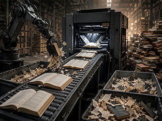KI-Unternehmen kaufen und vernichten weltweit alte Bücher – dieses Bild wurde mit KI erstellt | © Björn Michl