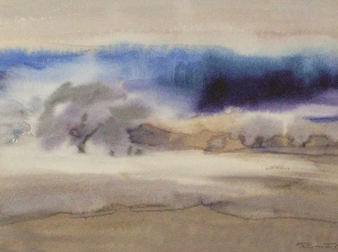 Aufsteigender Bodennebel (vor dem Plattenwald im Spätherbst) | 1992 | Aquarell auf Papier | Format 40 x 50 cm | © Wolfgang Beutel